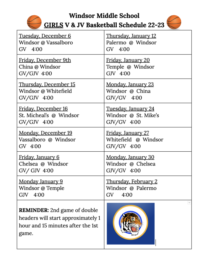 GIRLS Middle School Basketball Schedule Windsor Elementary School