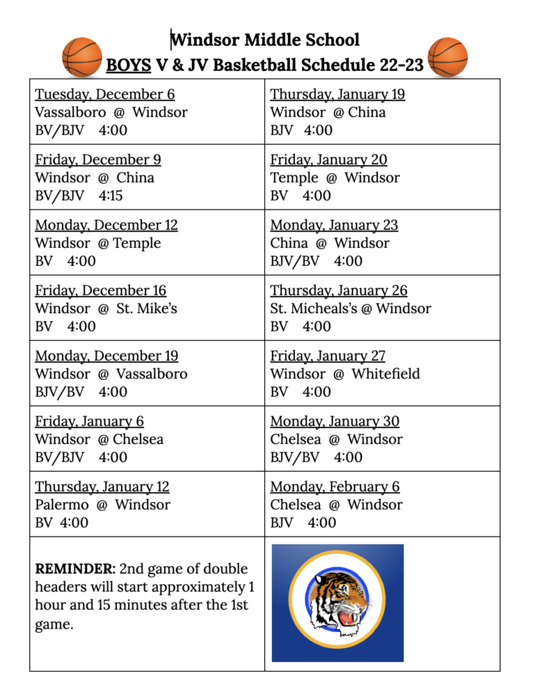 BOYS Middle School Basketball Schedule Windsor Elementary School