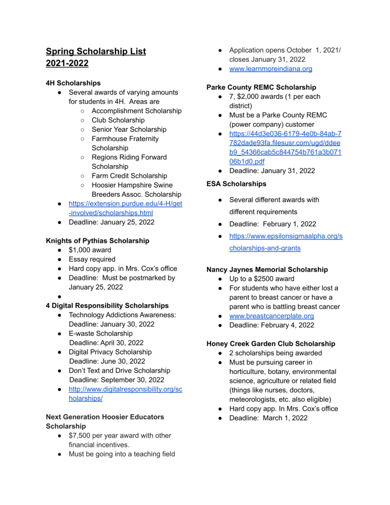 Updated Spring Scholarship List 2021-2022
