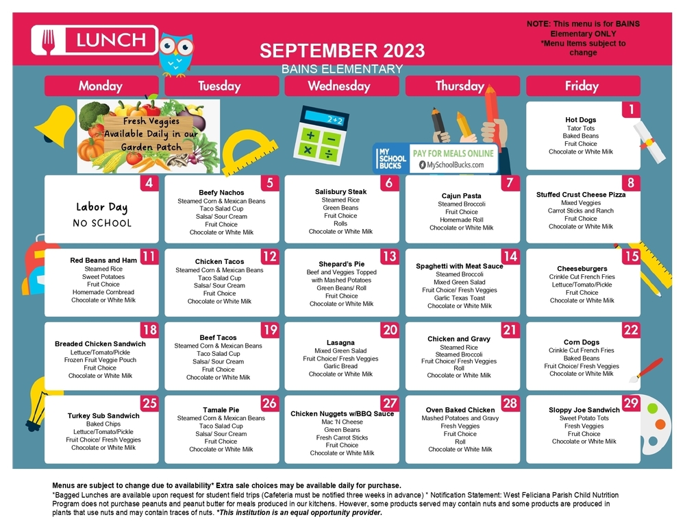September Lunch Menu Bains Elementary