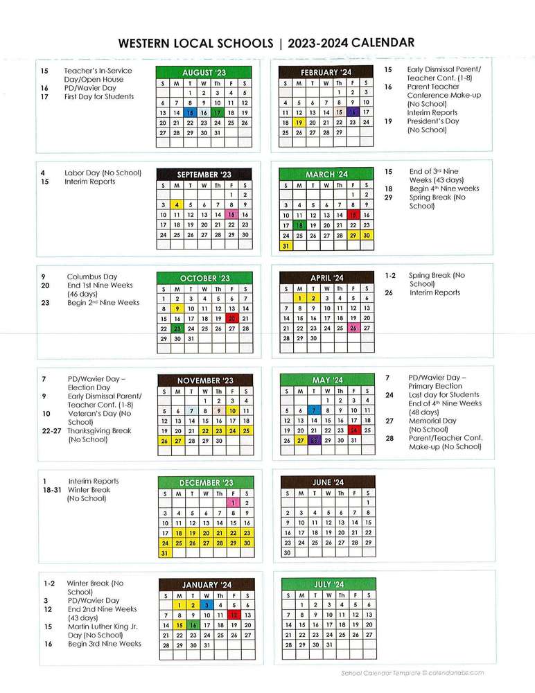 District Calendar 2023-24 | Western Local School District